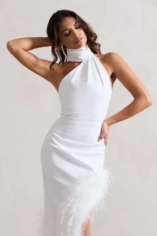 Brilliance | White Asymmetric Maxi Dress With Feather Trim