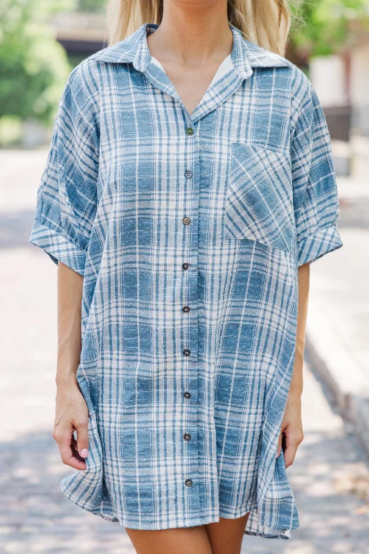 Call On You Chambray Blue Plaid Dress