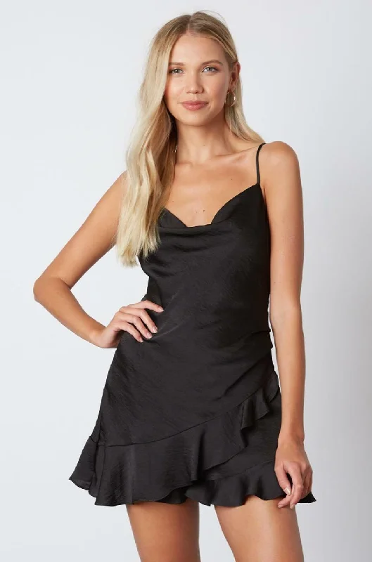 Cassidy Black Satin Wrap Skort Dress