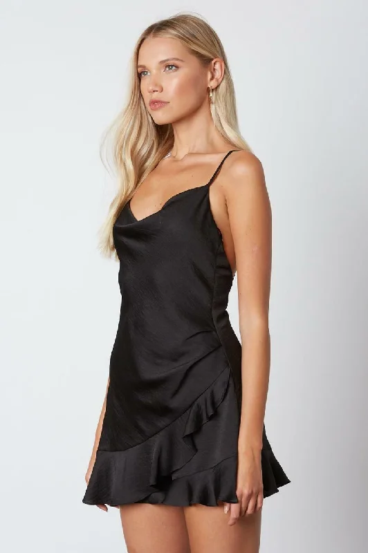 Cassidy Black Satin Wrap Skort Dress