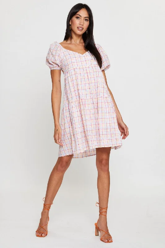 Check Fit And Flare Dress Short Sleeve Sweetheart Neck