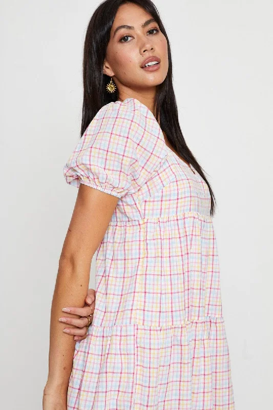 Check Fit And Flare Dress Short Sleeve Sweetheart Neck