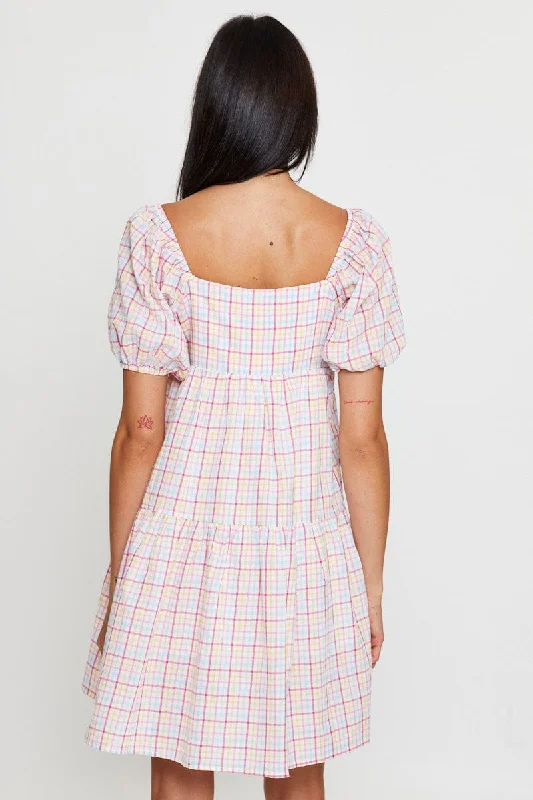 Check Fit And Flare Dress Short Sleeve Sweetheart Neck