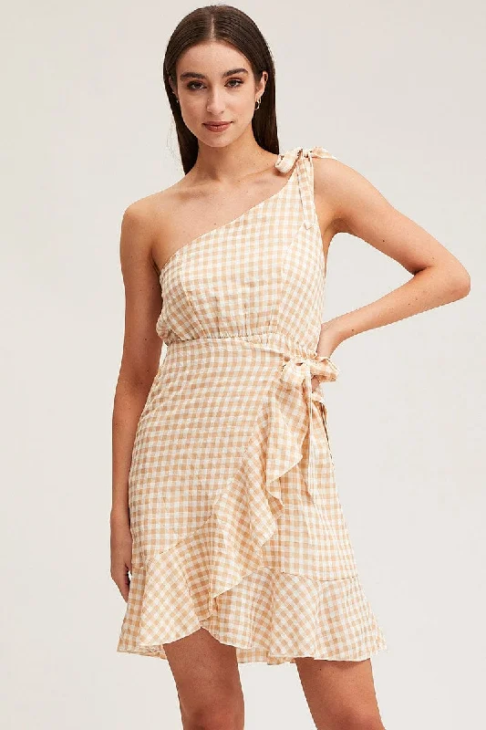 Check Wrap Dress One Shoulder Sleeveless