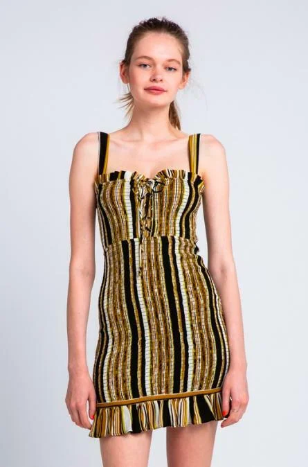 Ciao Bella Black and Gold Striped Smocked Mini Dress