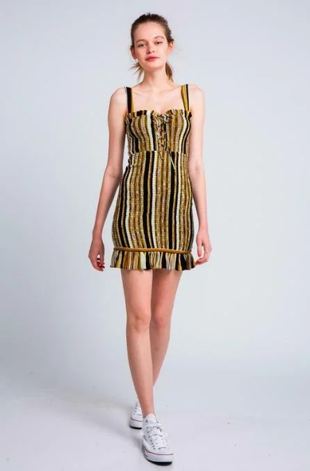 Ciao Bella Black and Gold Striped Smocked Mini Dress