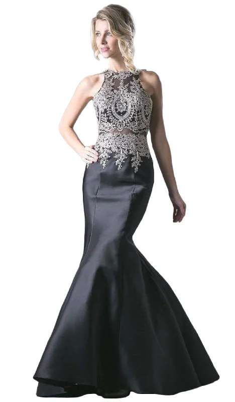 Cinderella Divine - Metallic Lace Adorned High Neck Mermaid Evening Gown