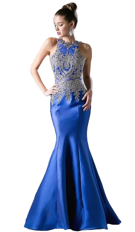 Cinderella Divine - Metallic Lace Adorned High Neck Mermaid Evening Gown