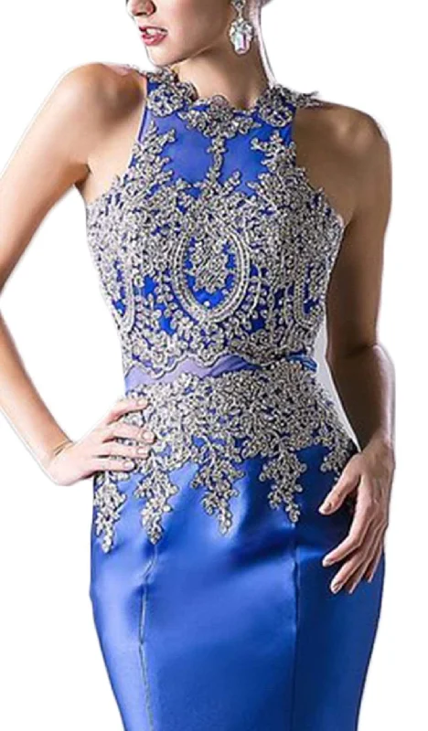 Cinderella Divine - Metallic Lace Adorned High Neck Mermaid Evening Gown