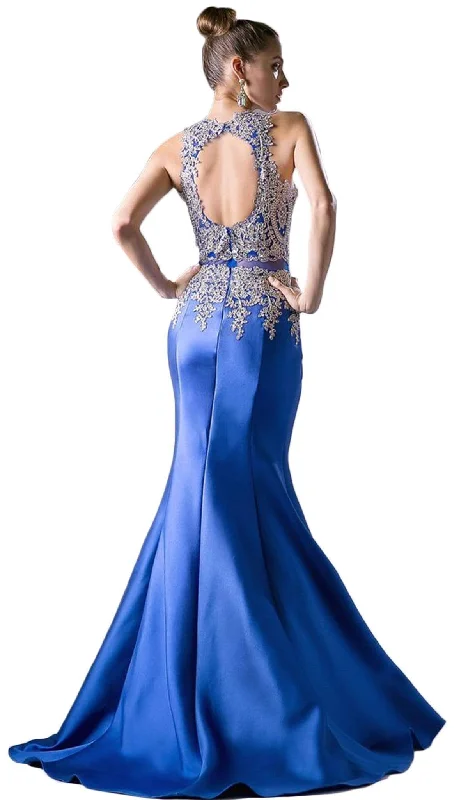 Cinderella Divine - Metallic Lace Adorned High Neck Mermaid Evening Gown