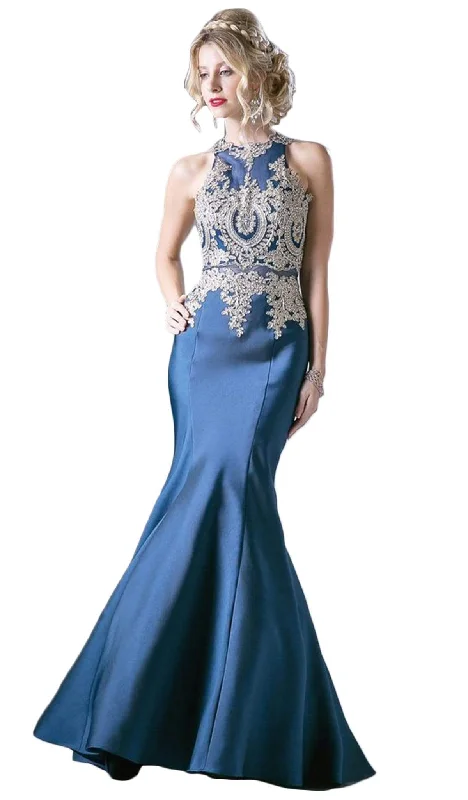 Cinderella Divine - Metallic Lace Adorned High Neck Mermaid Evening Gown