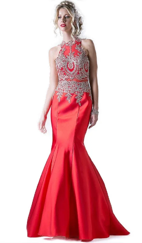 Cinderella Divine - Metallic Lace Adorned High Neck Mermaid Evening Gown