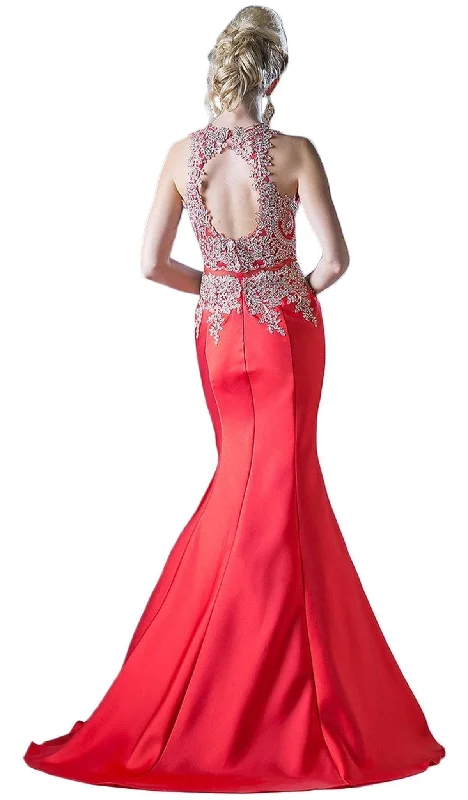 Cinderella Divine - Metallic Lace Adorned High Neck Mermaid Evening Gown