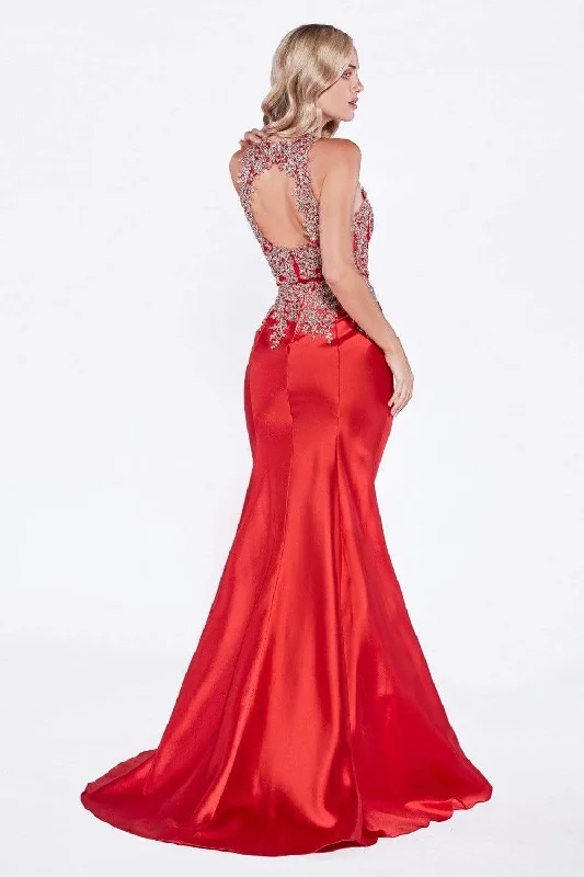 Cinderella Divine - Metallic Lace Adorned High Neck Mermaid Evening Gown