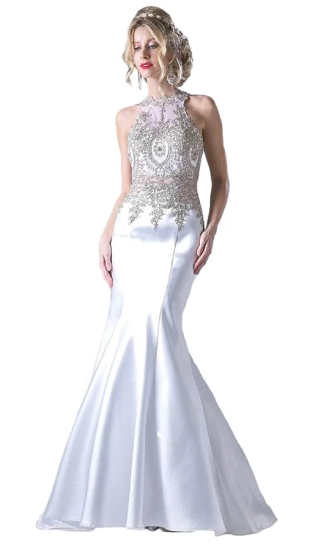 Cinderella Divine - Metallic Lace Adorned High Neck Mermaid Evening Gown