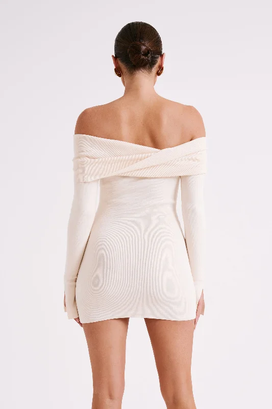 Clover Off Shoulder Knit Mini Dress - Cream