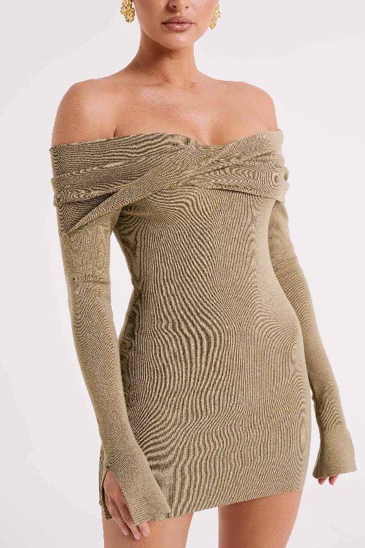 Clover Off Shoulder Knit Mini Dress - Olive