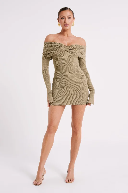 Clover Off Shoulder Knit Mini Dress - Olive