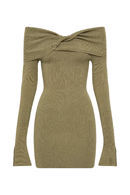 Clover Off Shoulder Knit Mini Dress - Olive