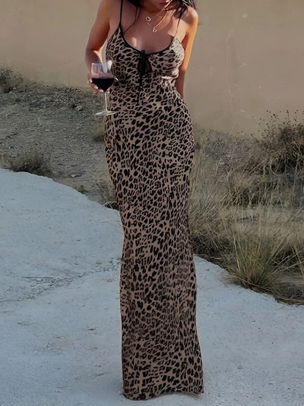 Contrast Binding Leopard Print Knotted Long Dress