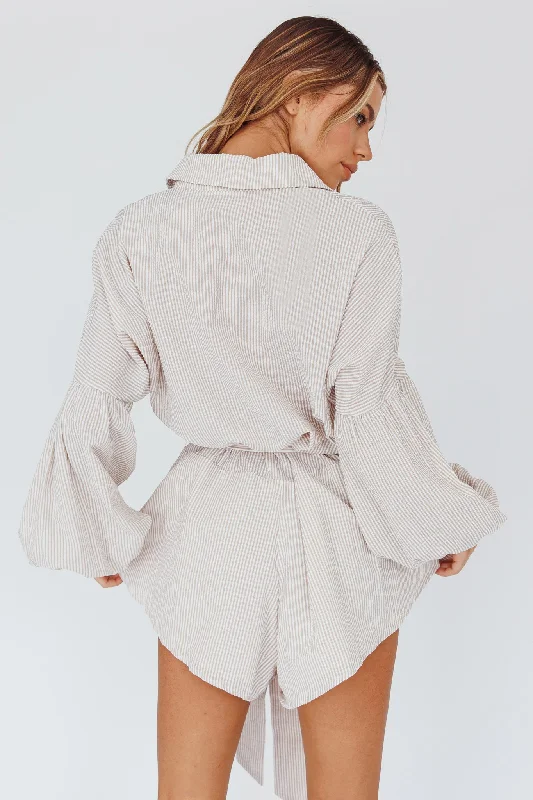 Daytona Beach Long Sleeve Shirt Romper Beige Stripe