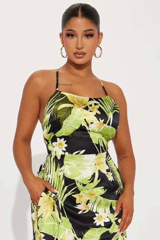 Erin Satin Tropical Maxi Dress - Black