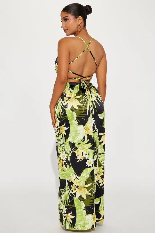 Erin Satin Tropical Maxi Dress - Black