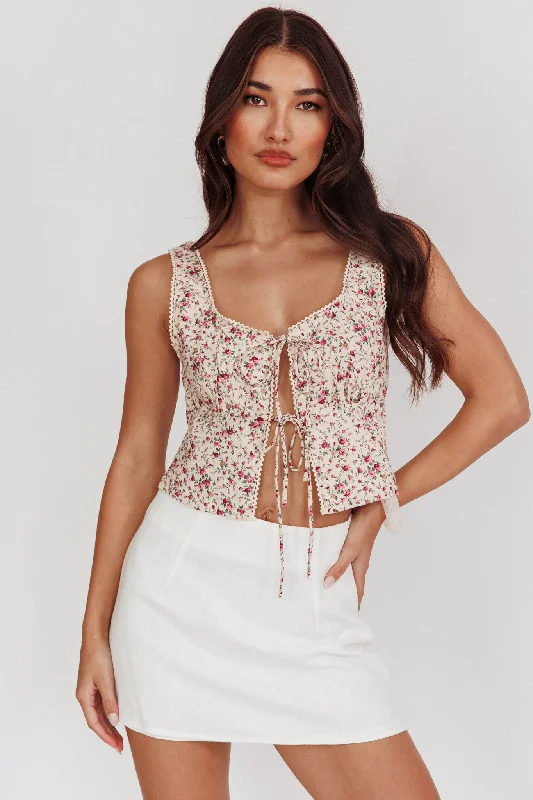 Evelynn Floral Front Tied Top Beige