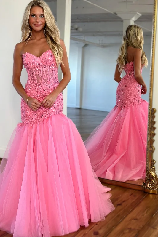 Glitter Pink Corset Sweetheart Tulle Mermaid Long Prom Dress