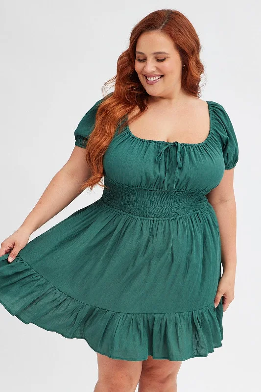 Green Fit And Flare Dress Short Sleeve Gathered Bust