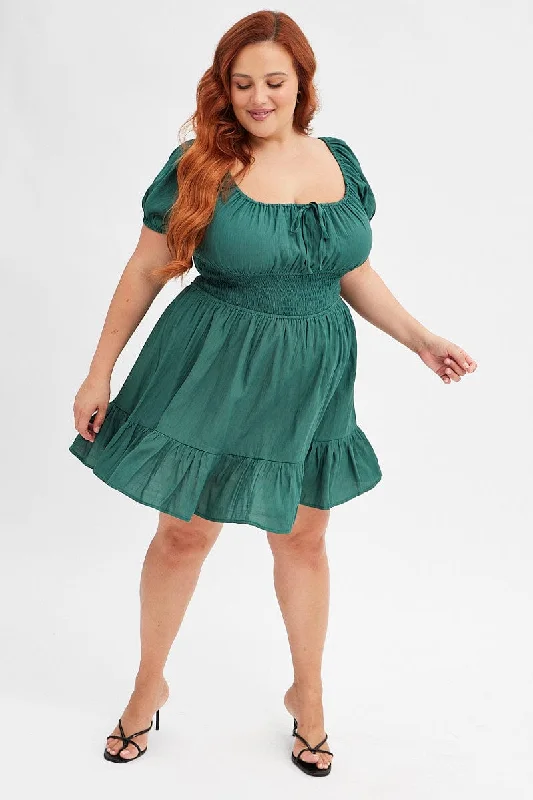 Green Fit And Flare Dress Short Sleeve Gathered Bust