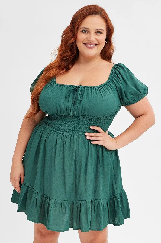 Green Fit And Flare Dress Short Sleeve Gathered Bust