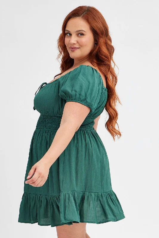 Green Fit And Flare Dress Short Sleeve Gathered Bust