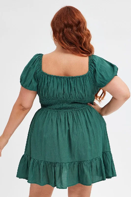 Green Fit And Flare Dress Short Sleeve Gathered Bust