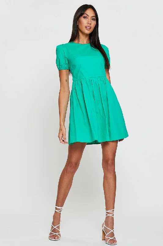 Green Mini Dress Short Sleeve Round Neck