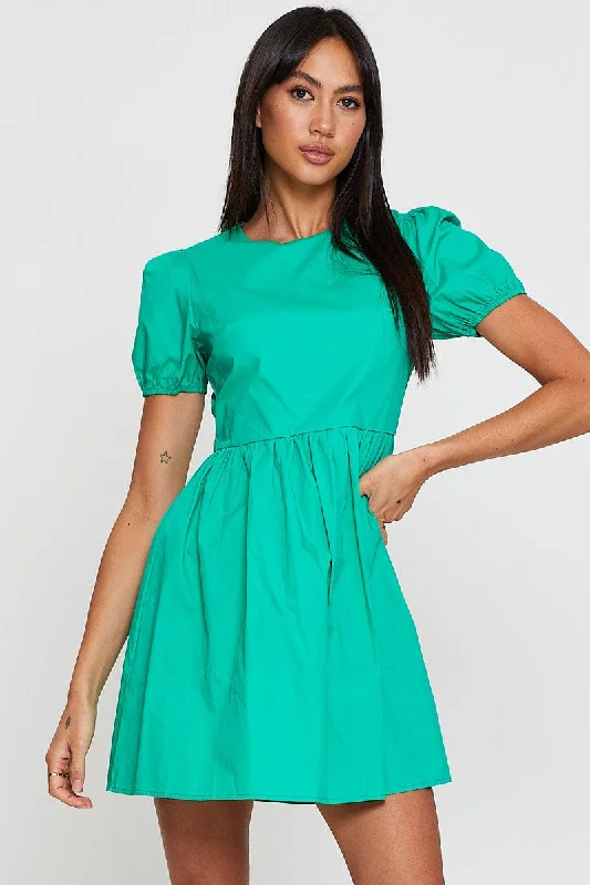 Green Mini Dress Short Sleeve Round Neck