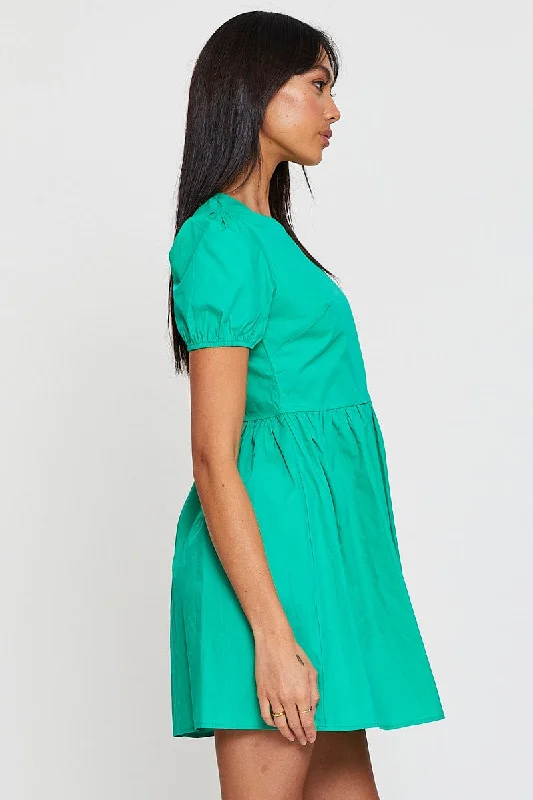 Green Mini Dress Short Sleeve Round Neck