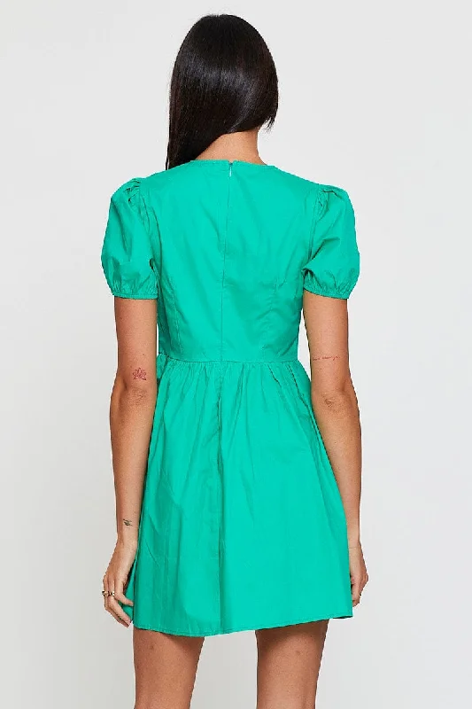 Green Mini Dress Short Sleeve Round Neck