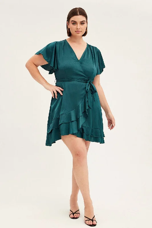 Green Wrap Dress Short Sleeve V-neck Satin