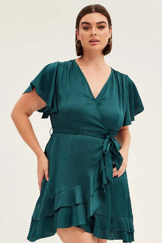 Green Wrap Dress Short Sleeve V-neck Satin