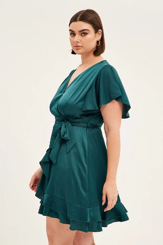 Green Wrap Dress Short Sleeve V-neck Satin