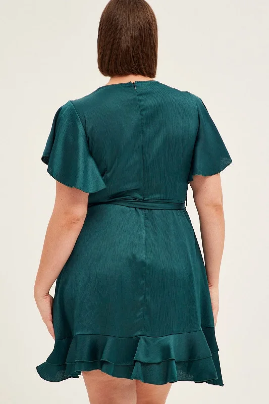 Green Wrap Dress Short Sleeve V-neck Satin