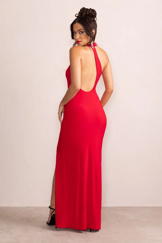 Ines | Red Plunge Neck Sculptured Back Maxi Dress