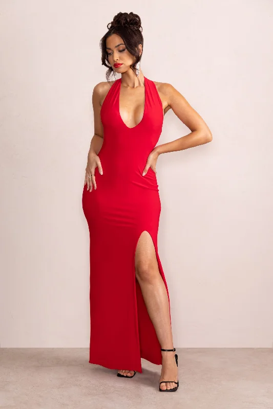 Ines | Red Plunge Neck Sculptured Back Maxi Dress