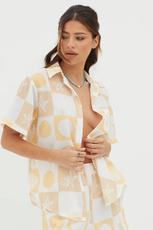 Just A Hunch Button Shirt Shell Print Yellow Multi