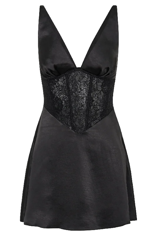 Kerrie Mini Halter Satin And Lace Dress - Black