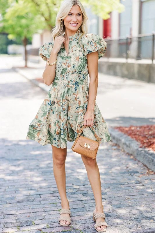 Let's Get Going Sage Green Floral Dress