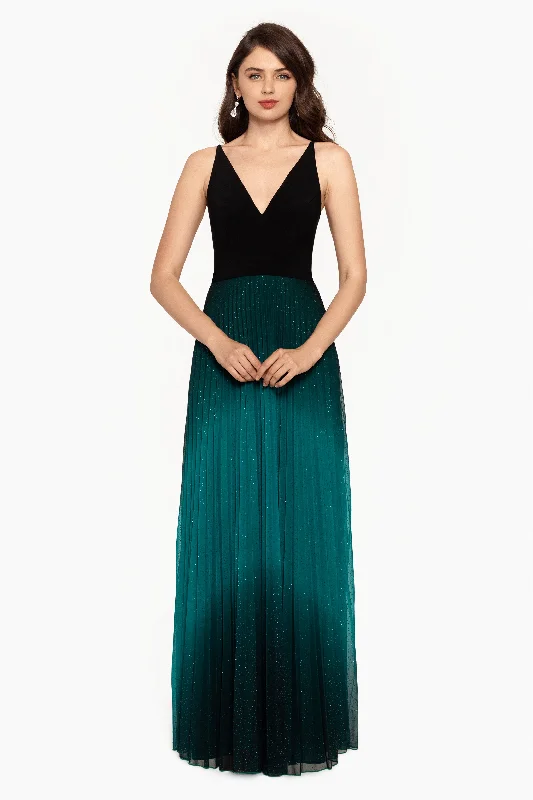 Long V-Neck Pleated Glitter Ombre Dress