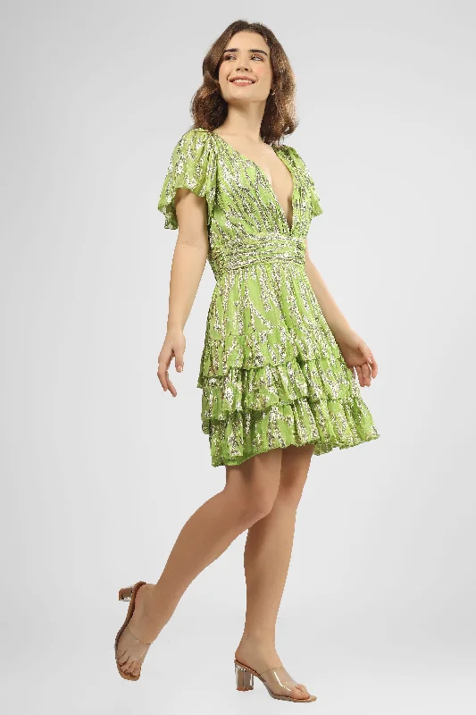 Madison Green Metallic Printed Mini Dress