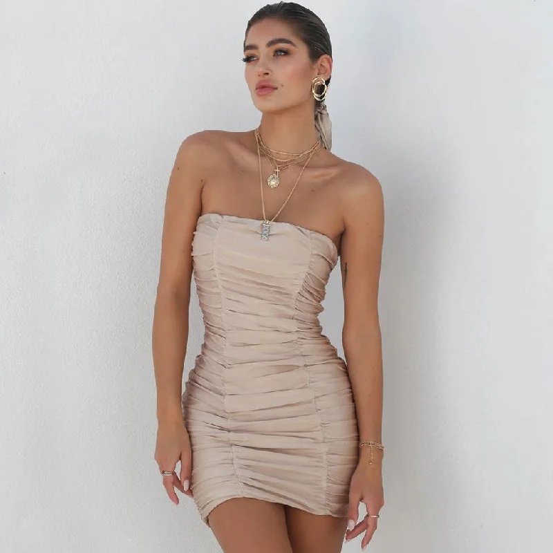 Strapless Ruched Bodycon Party Mini Dress - Khaki